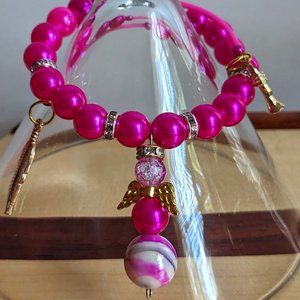 Pink Angel Beaded Velvet Memory Wire Bracelet